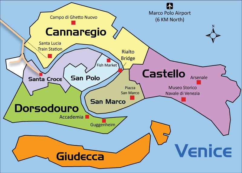 venetsian kartta Venetsian lähistöllä kartta   Venetsian kaupunginosia kartta (Italia)